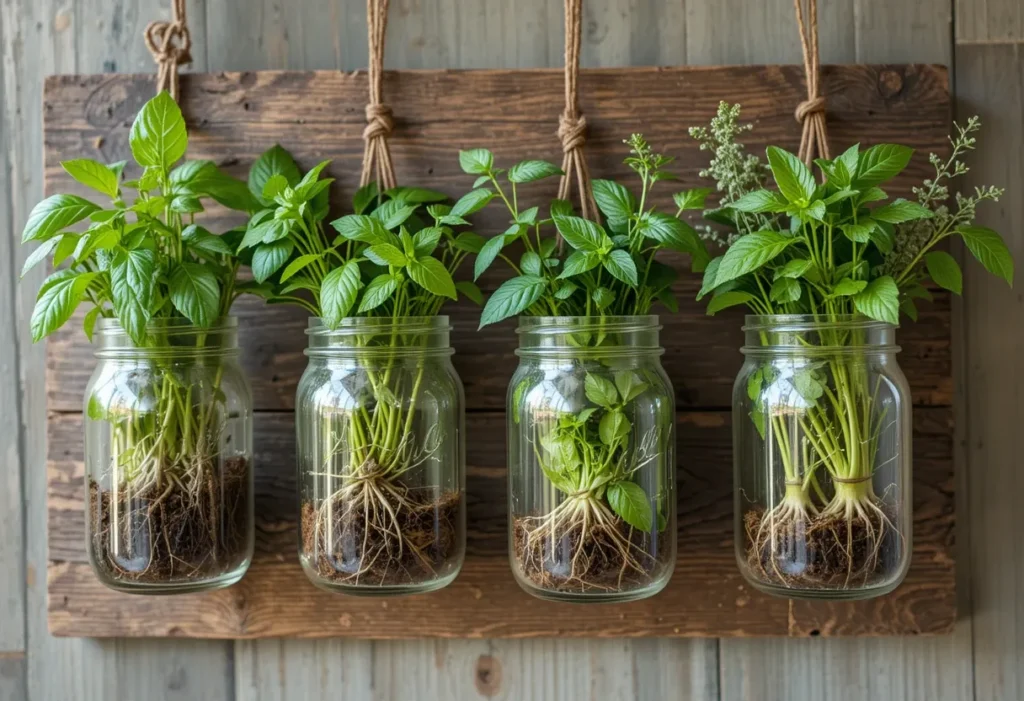 Mason jars filled with basil and mint hanging on a wooden board, roots visible for a fresh farmhouse feel.