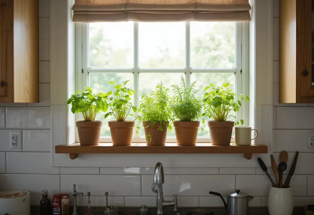 Small terracotta pots of herbs on a floating shelf beneath a bright window, styled with cozy kitchen touches.
