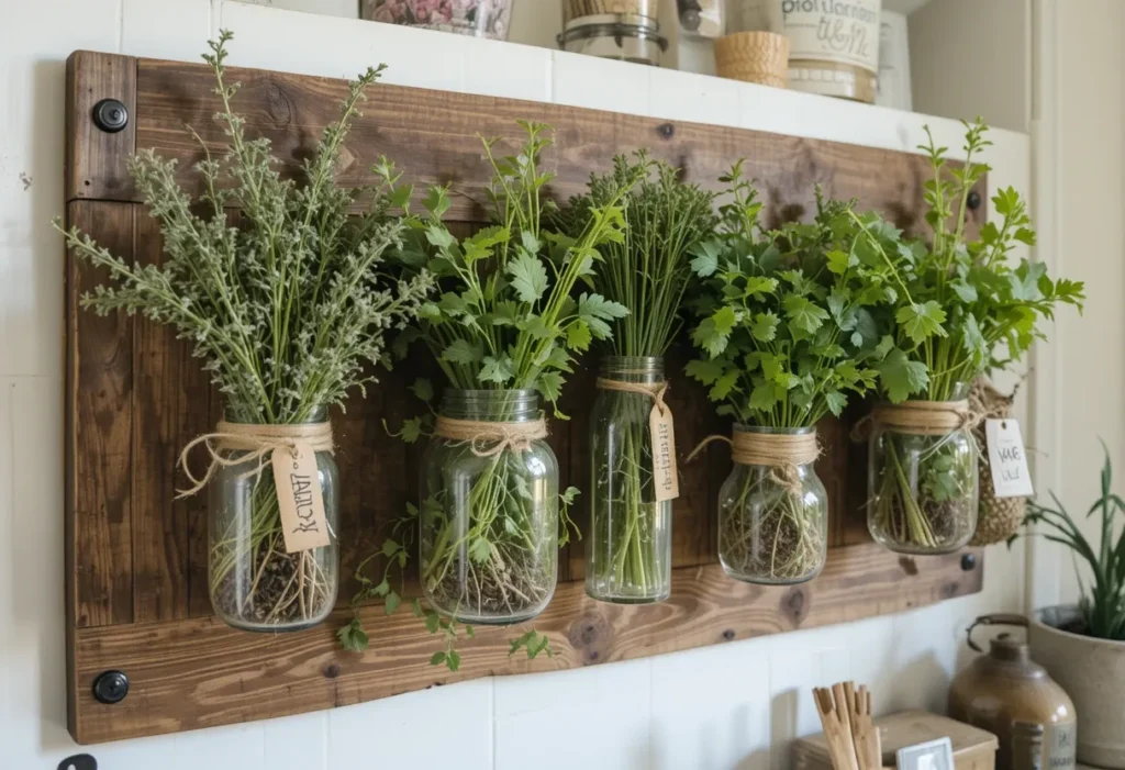 Wall-mounted mason jars with labeled herbs like thyme and oregano on a rustic wooden background.
