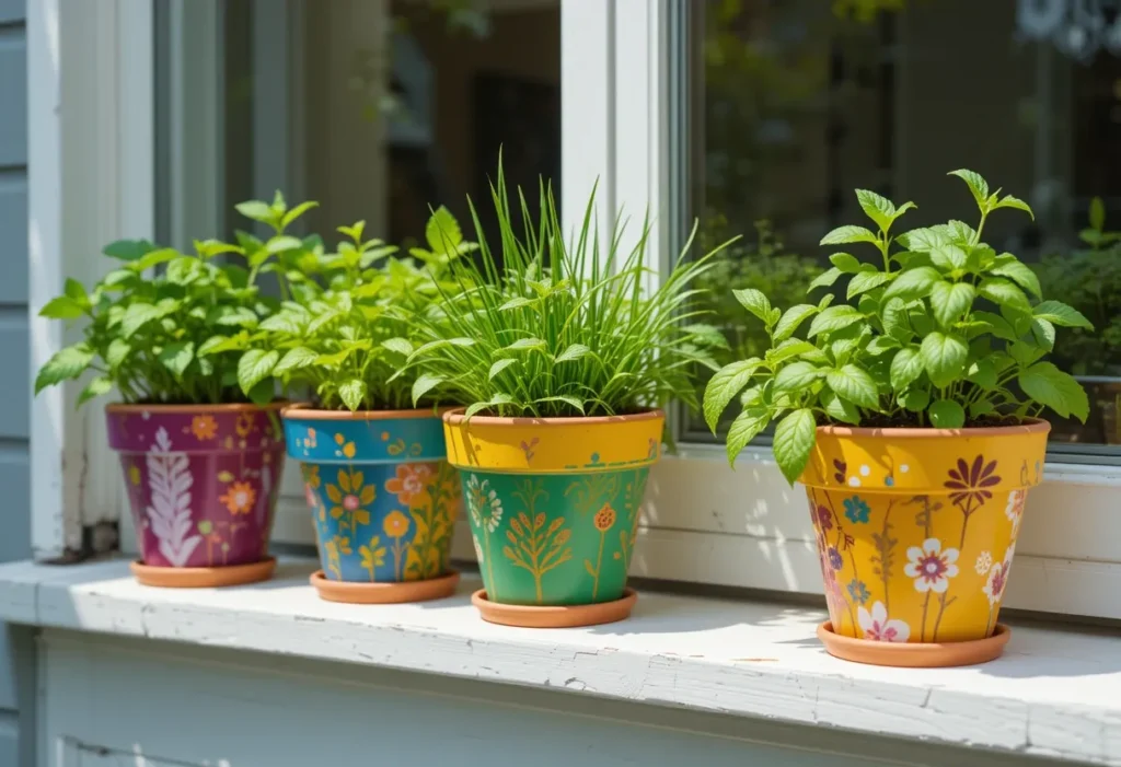 Brightly painted terra cotta pots holding herbs like mint and chives, displayed on a vibrant shelf.