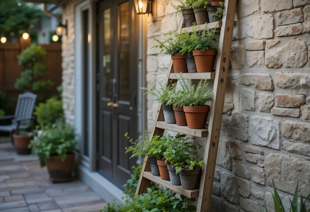 Wooden ladder with pots of oregano and sage on each rung, leaning against a wall for a vertical herb display.