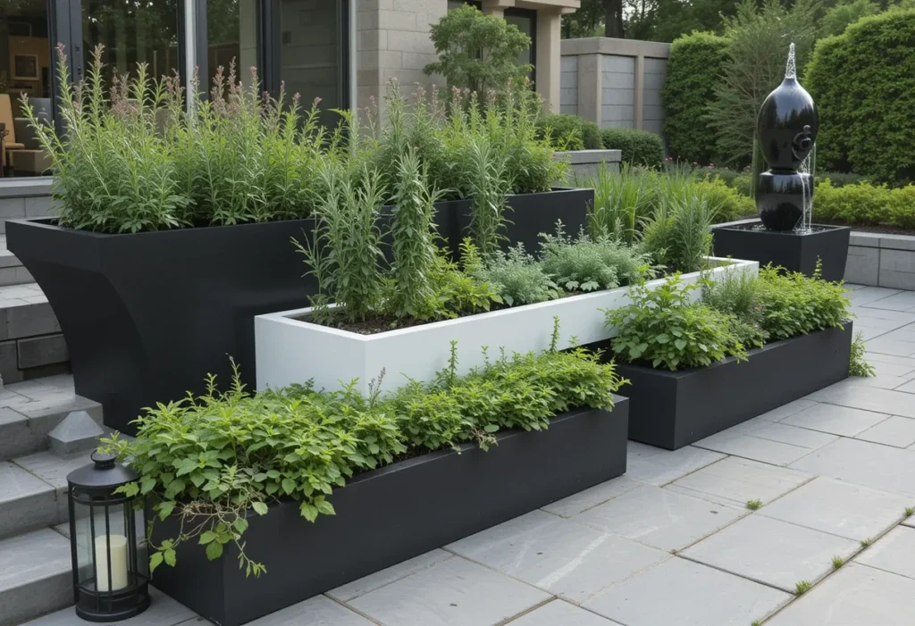 Vertical tiered planters with fresh herbs like rosemary and basil on a minimalist patio with clean lines and stone flooring.