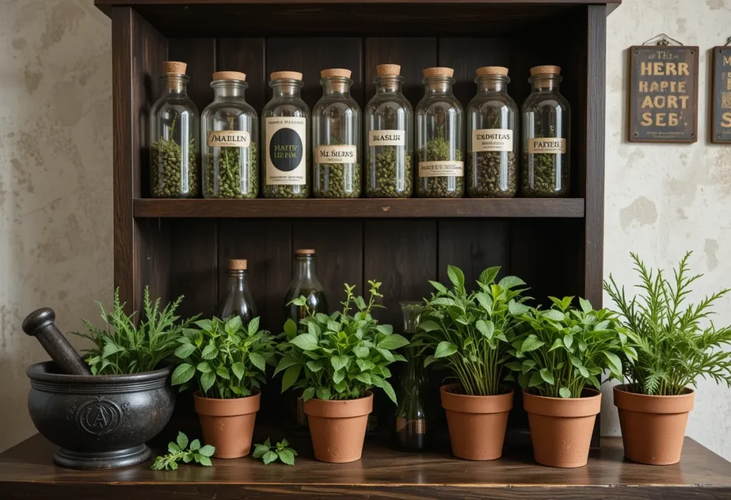 Glass jars and vintage bowls filled with fresh and dried herbs, labeled with handwritten tags on rustic shelves.