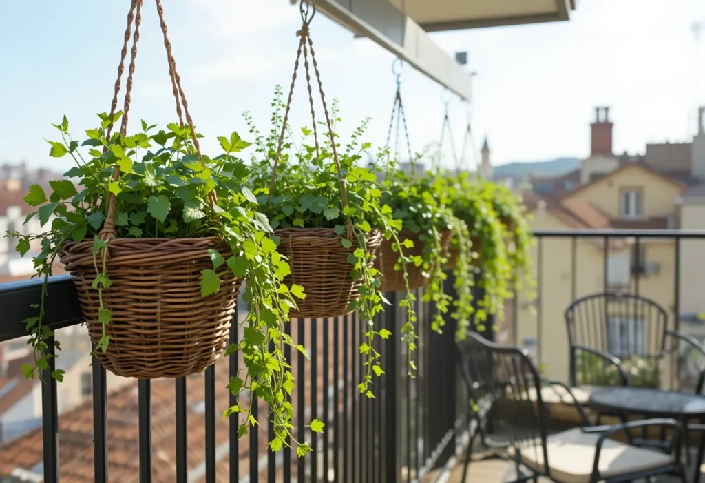 Concrete planters filled with rosemary, mint, and thyme flanking a modern porch entrance in neutral tones.