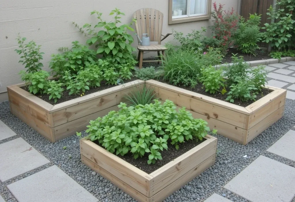 Herbs like parsley and chives growing in wooden boxes mounted along a white front porch railing.