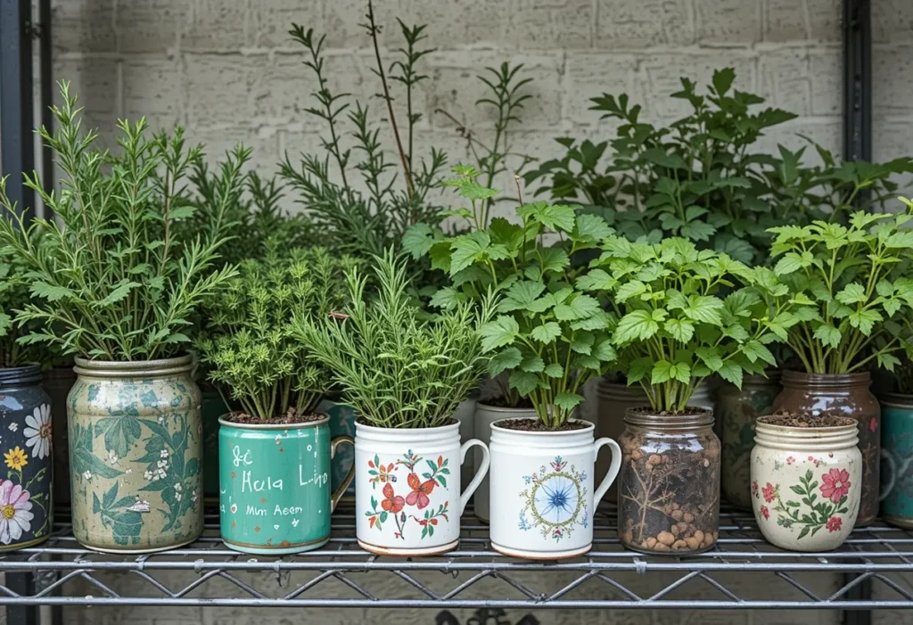 Lavender, basil, and thyme in aged stone pots on a cobblestone French cottage-style porch.