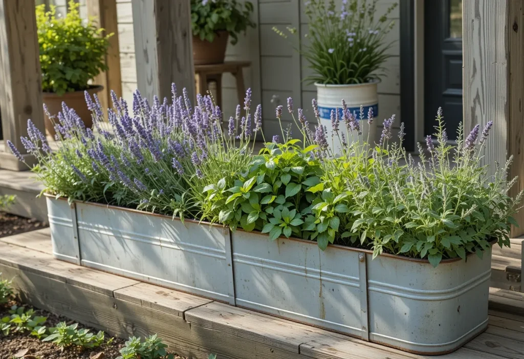 Assorted herbs in terracotta and basket planters arranged on a porch with lanterns and natural textures