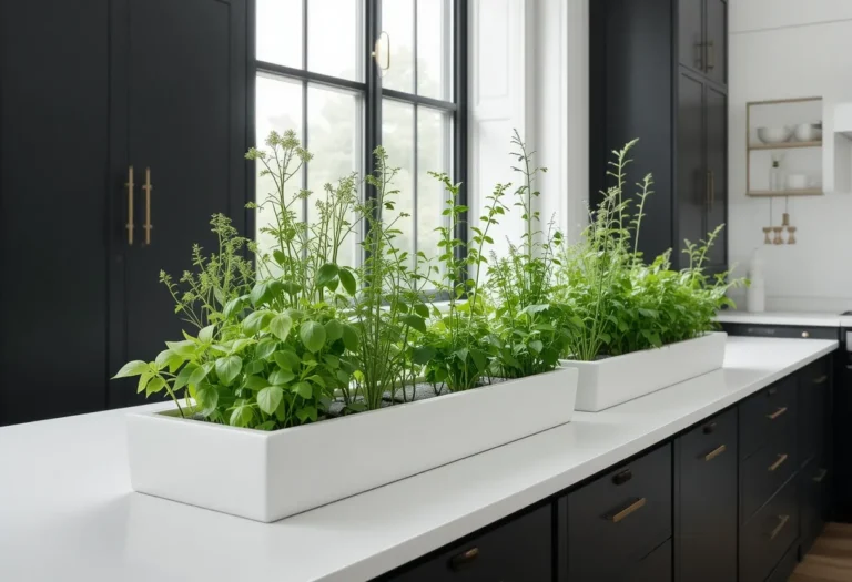 Three-level herb shelf on a shaded porch corner holding pots of rosemary, mint, and oregano.