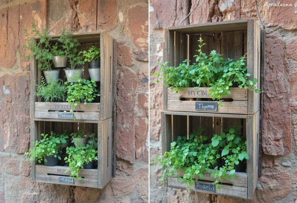 Metal buckets with basil and chives hanging from hooks on a wooden porch wall for a rustic look.