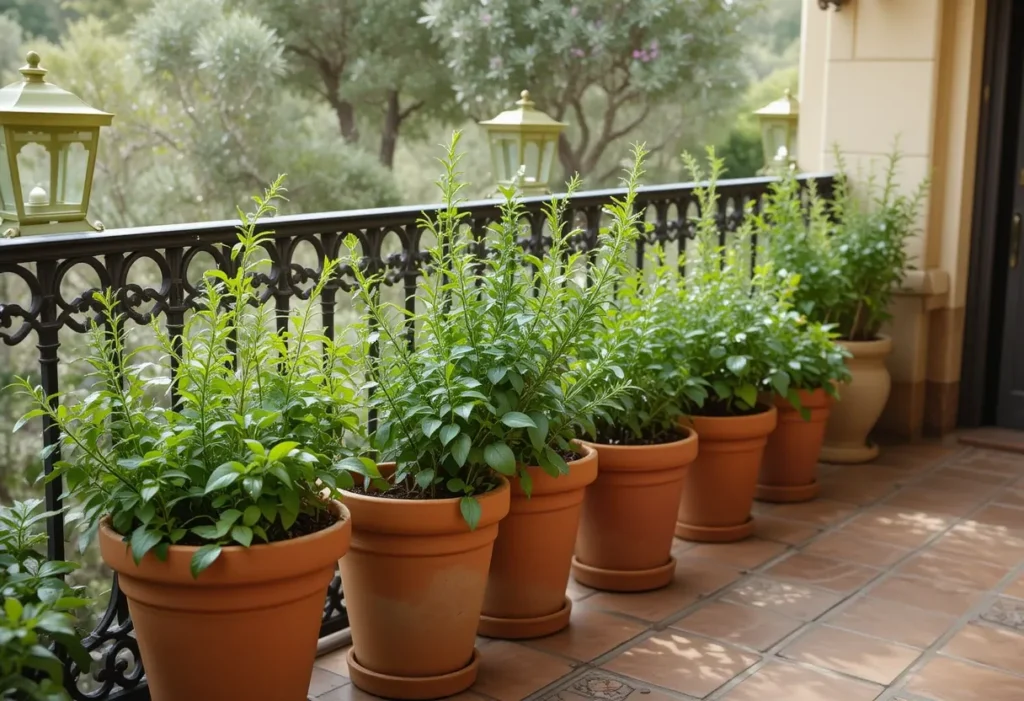 Brightly colored clay pots of herbs on porch steps, bursting with greenery and color.