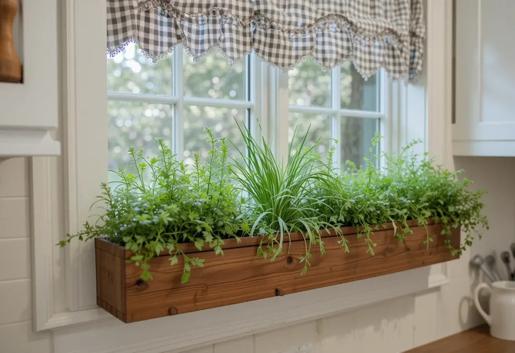 Window boxes overflowing with fresh herbs like basil and parsley beneath a sunlit front porch window.
