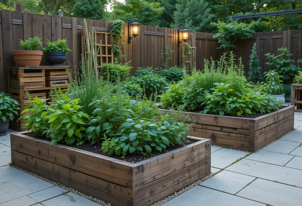 Basil, rosemary, and thyme growing in rustic wood planters on a gravel patio with a trellis backdrop