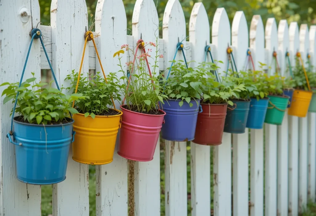 Upcycled wooden pallet filled with potted herbs leaning against a porch wall for a compact vertical garden.