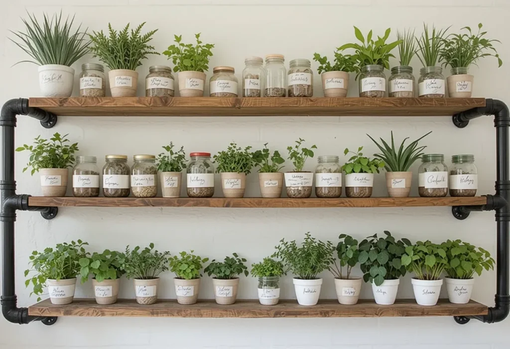 Wicker baskets of herbs arranged on and below a distressed vintage porch bench.