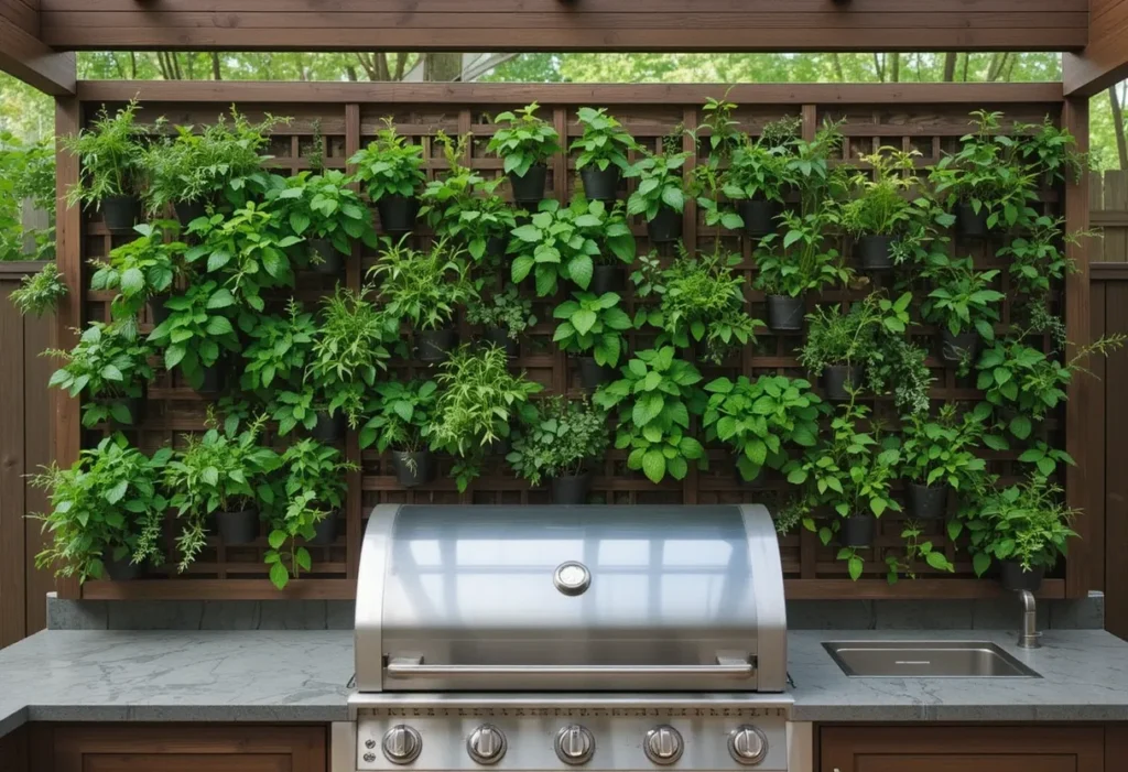 Corner herb stand with labeled chalkboard tags and terra cotta pots full of parsley, dill, and basil.