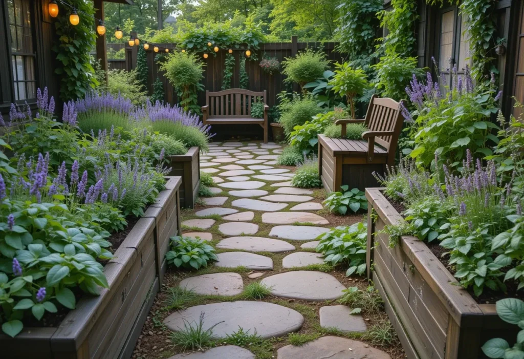 Wooden raised beds with herbs and a winding stone path, surrounded by soft sunlight and a garden bench.