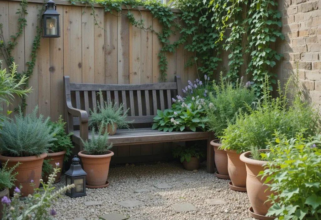 Terracotta pots of mint and basil placed beside a wooden bench on a gravel pathway in a rustic setting