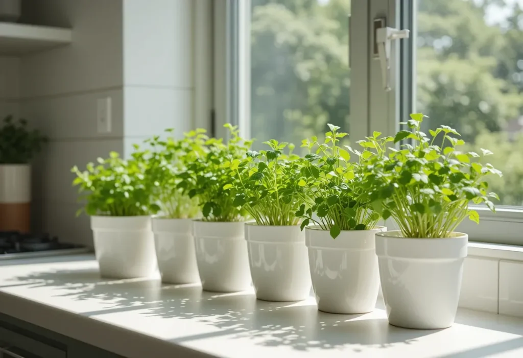 White ceramic pots with herbs on a bright kitchen windowsill, bathed in sunlight for a clean, modern look
