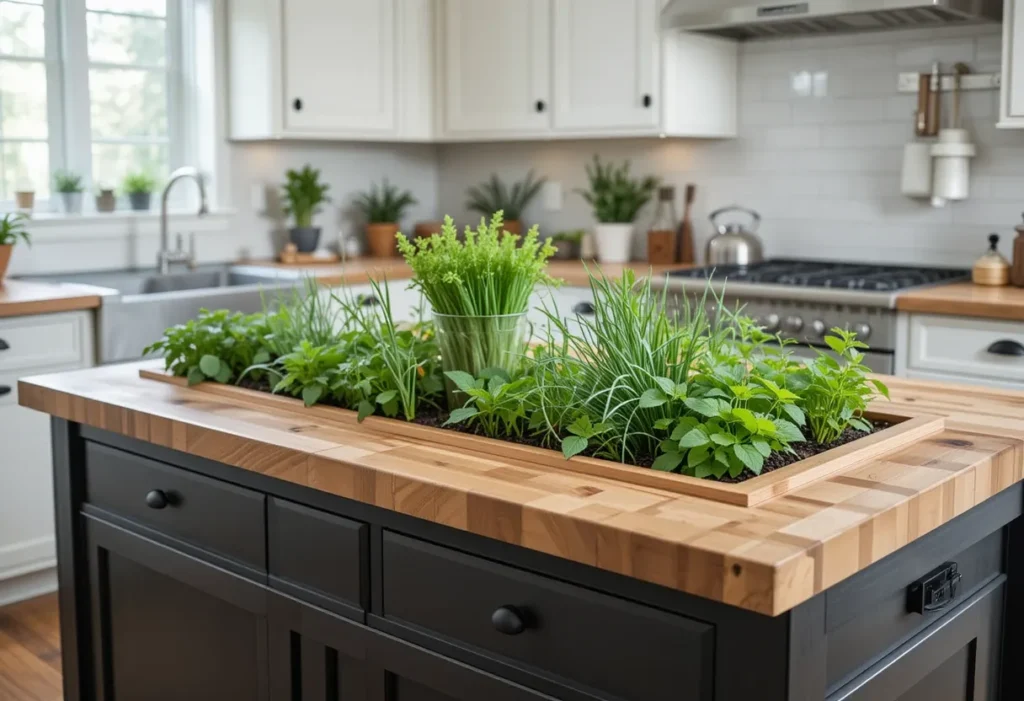 Wooden planter boxes built into a kitchen island, filled with herbs like mint and oregano in a cozy farmhouse kitchen.