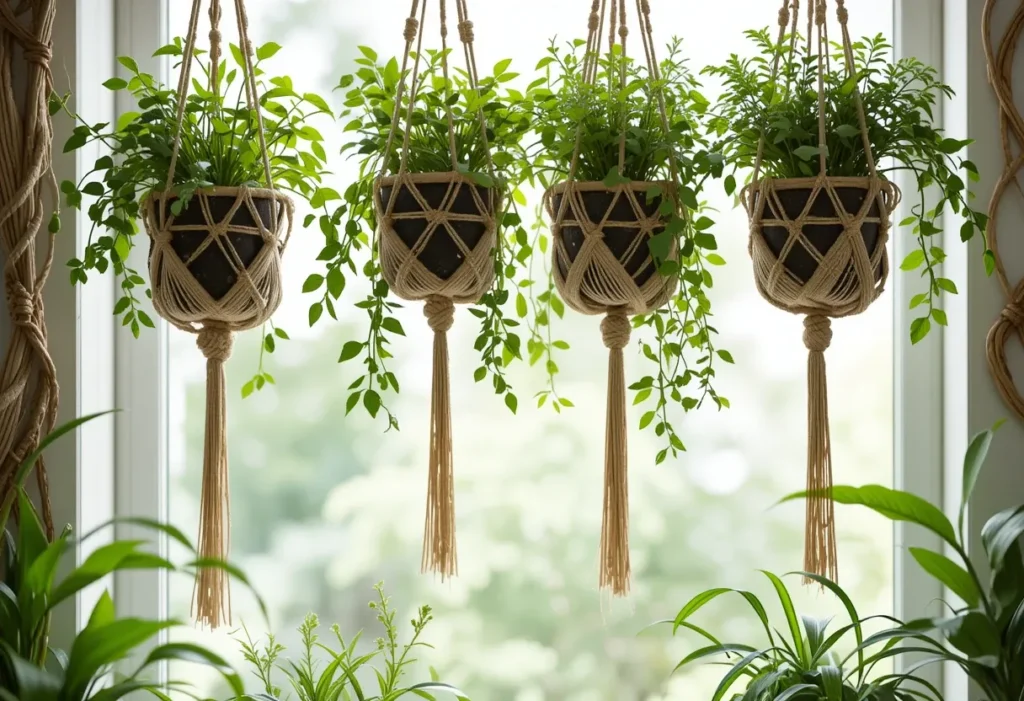 Macramé planters with sage and basil hanging by a sunny window, with boho-style furniture and rattan accents