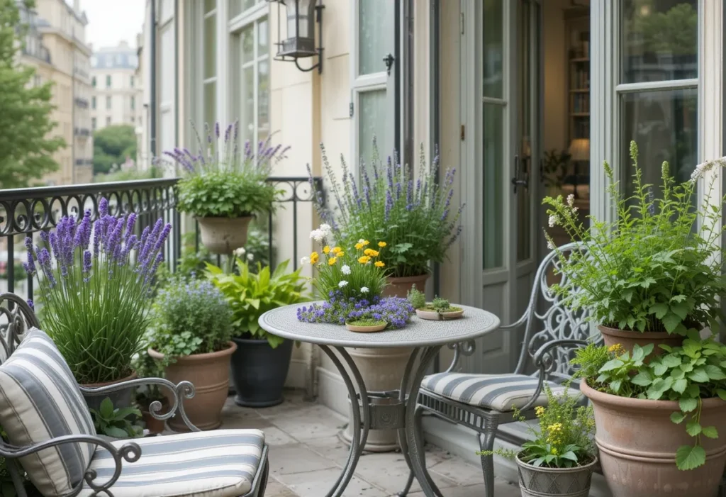 Cast-iron window boxes filled with herbs like lavender and chervil, styled with bistro chairs on a French-inspired balcony.
