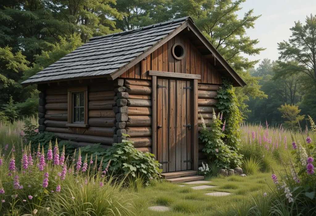  Rustic walnut-stained wooden shed surrounded by tall grasses and wildflowers in a cottage-style garden.
