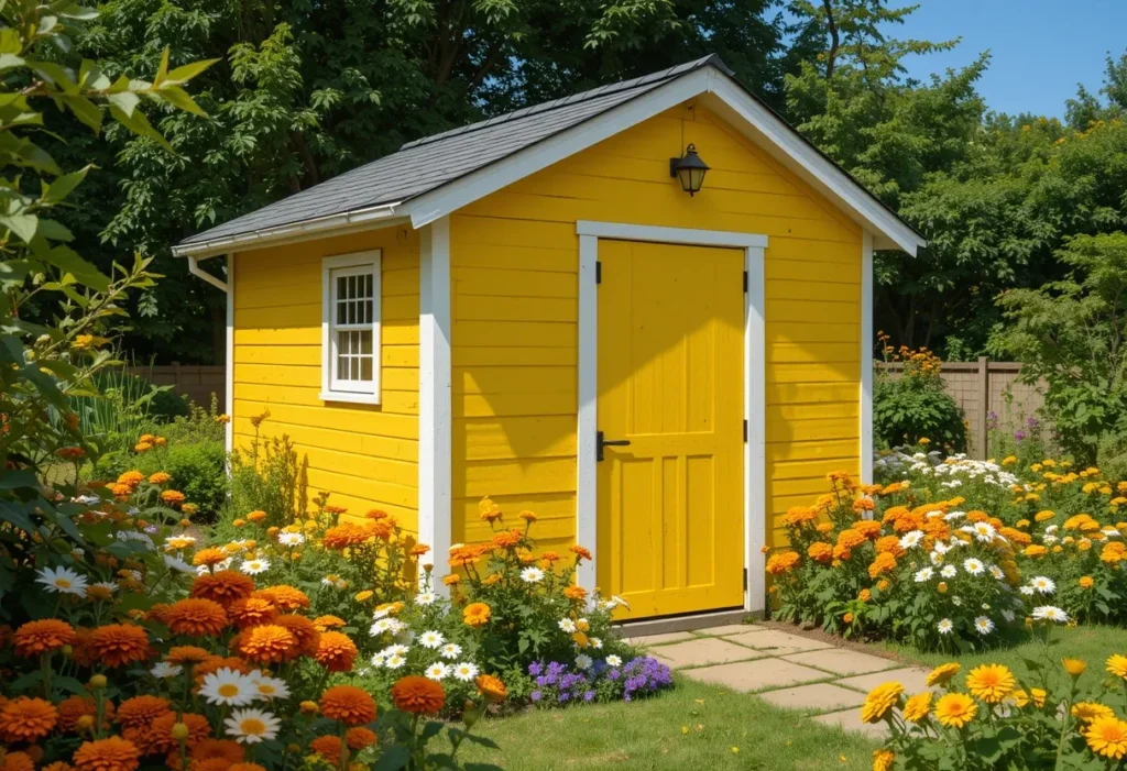 Bright yellow shed with white trim, marigolds, and cheerful garden blooms.