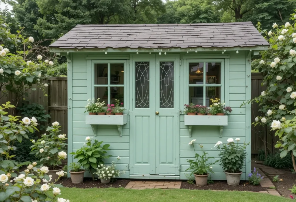 Mint green shed with antique windows and herb planters in a tidy garden.