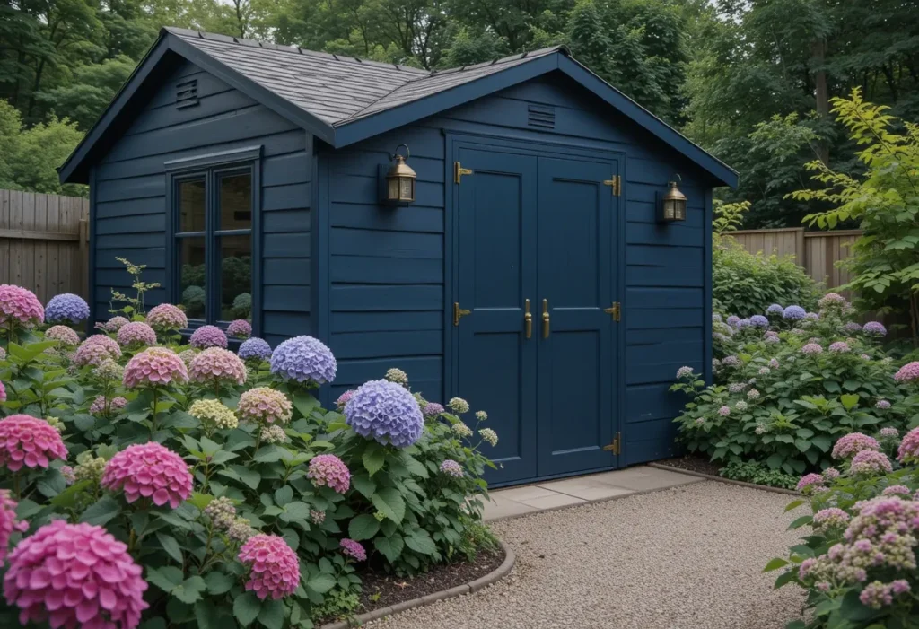 Navy blue shed with brass accents and bright hydrangeas along a gravel path.