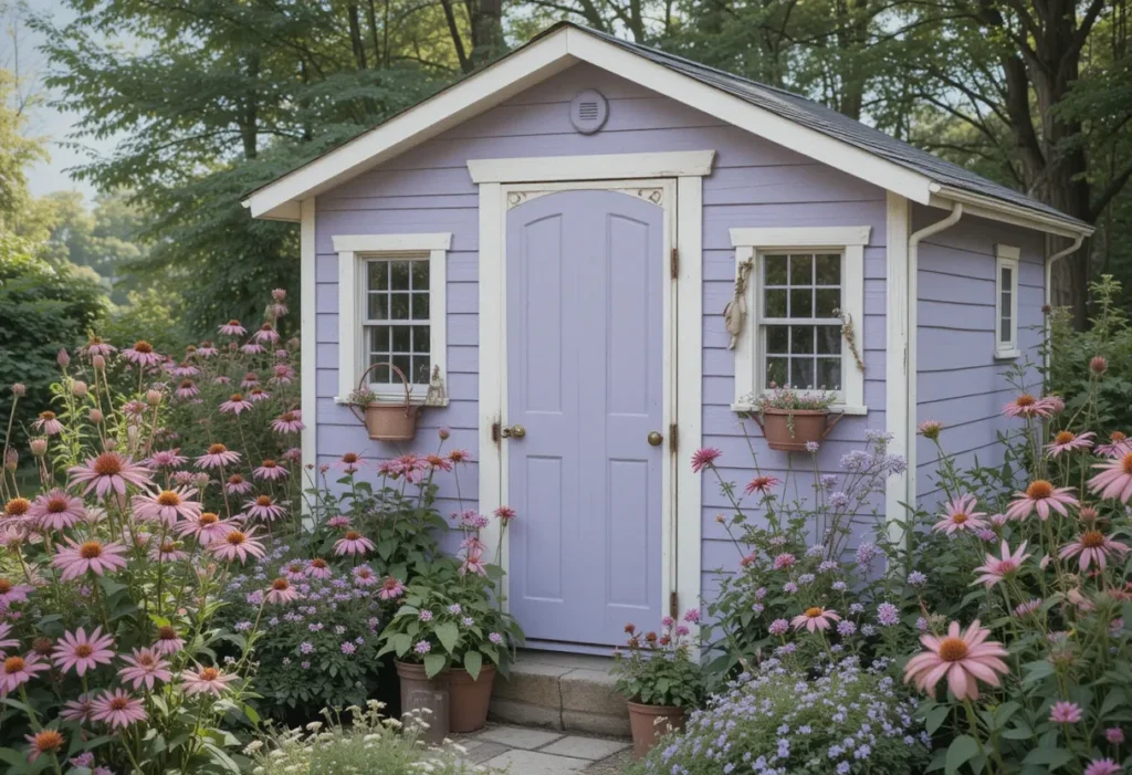 Lavender shed with cream trim, pink blooms, and fairy-tale garden accents.