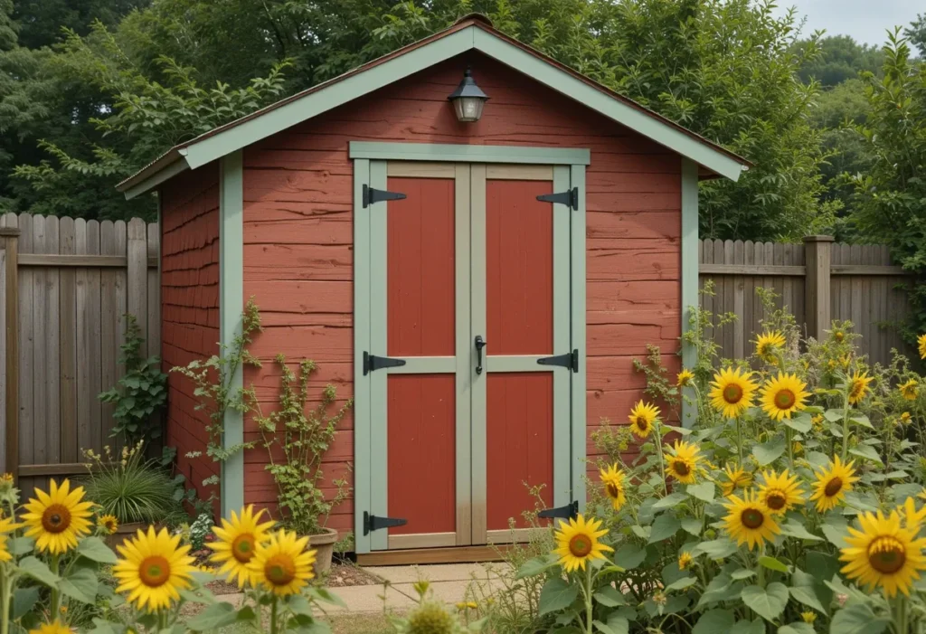 Brick red shed with sage trim, sunflowers, and rustic garden fencing.