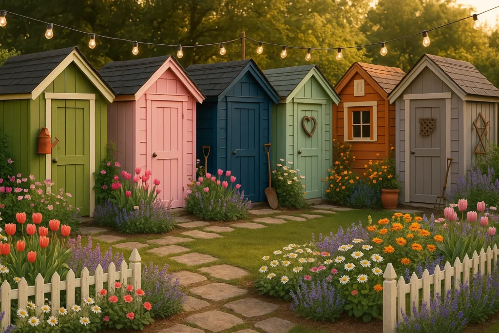 Row of colorful garden sheds—olive green, blush pink, navy blue, mint, burnt orange, and mushroom gray—surrounded by flower beds, white fences, string lights, and vintage garden décor at golden hour.