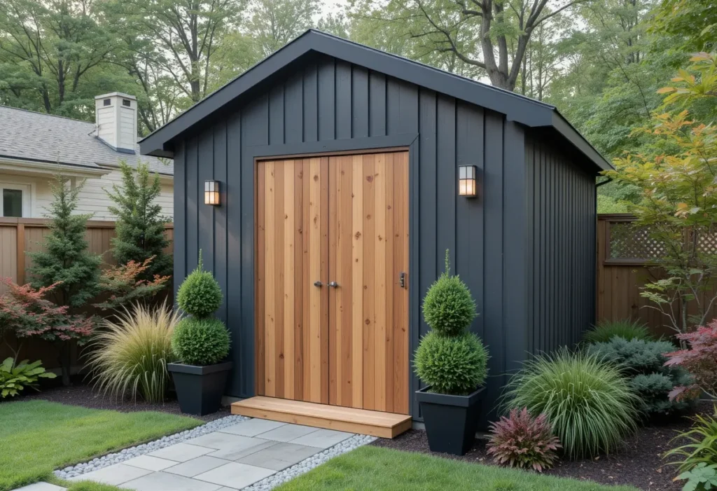 Sleek charcoal-gray garden shed with vertical slats and modern landscaping featuring clipped shrubs and grasses.