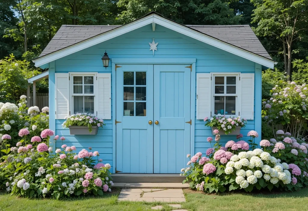 Sky blue shed with pastel flowers and white shutters in a cottage setting.