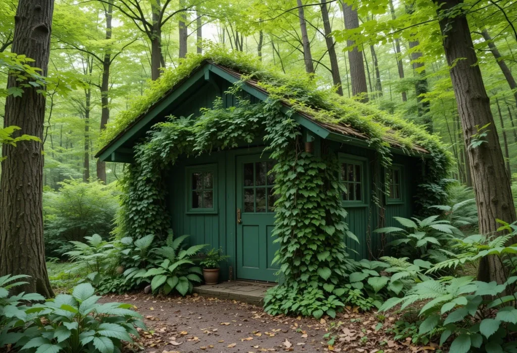 Deep forest green shed with ferns, ivy, and woodland garden vibes.