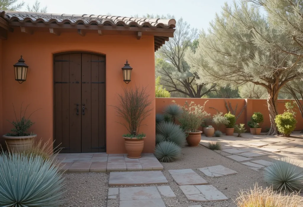 Terracotta-colored shed with olive trees and drought-tolerant landscaping.
