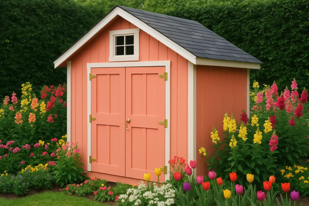 Coral blush shed with gold accents, snapdragons, and spring garden blooms.
