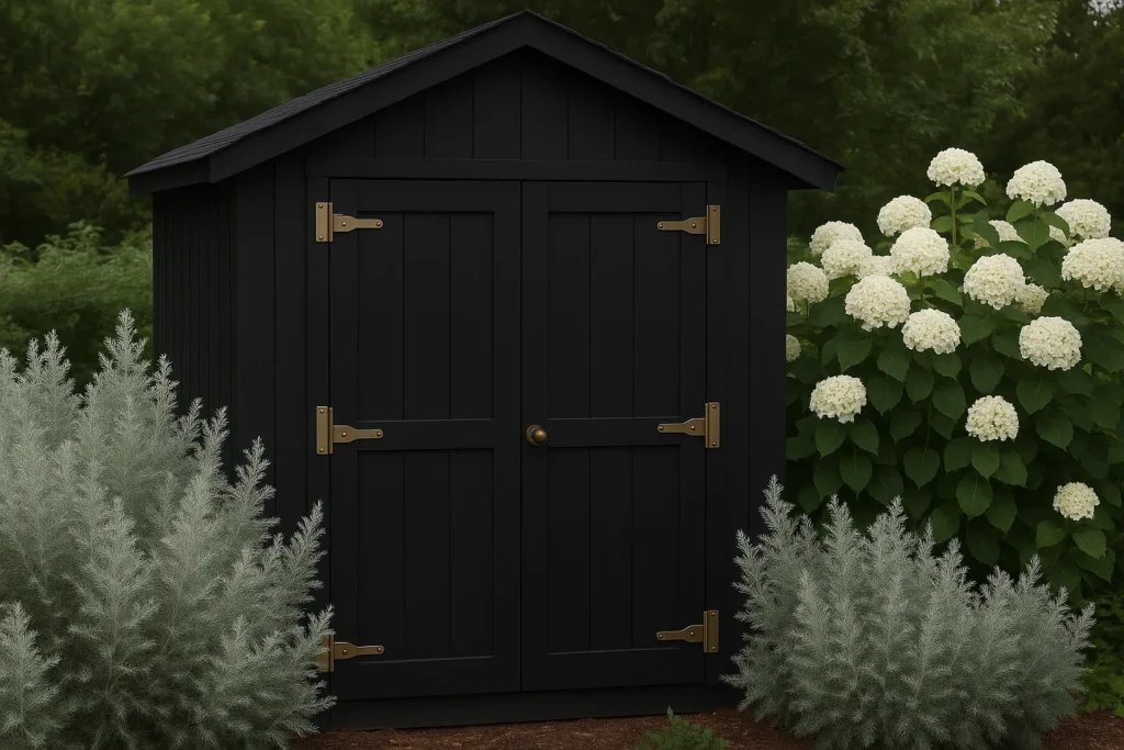 Matte black shed with white hydrangeas and vintage farmhouse charm.