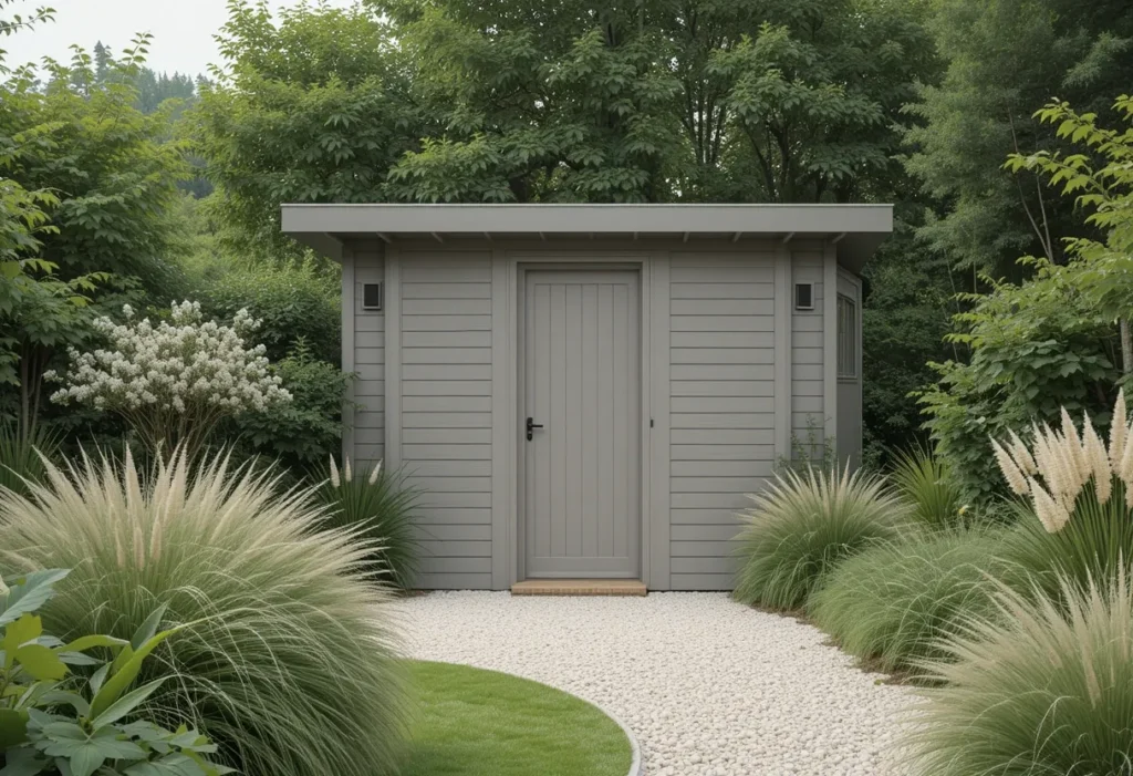 Taupe shed surrounded by grasses and gravel for a seamless, neutral look.