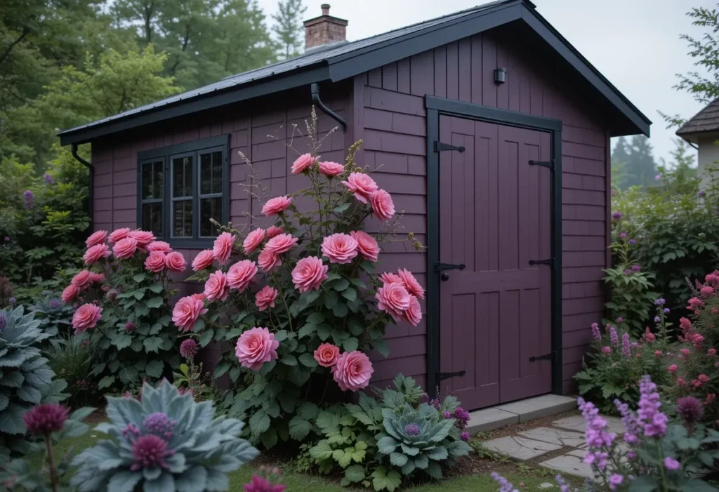 Plum shed with dusky pink roses and moody, ornamental fall garden style.