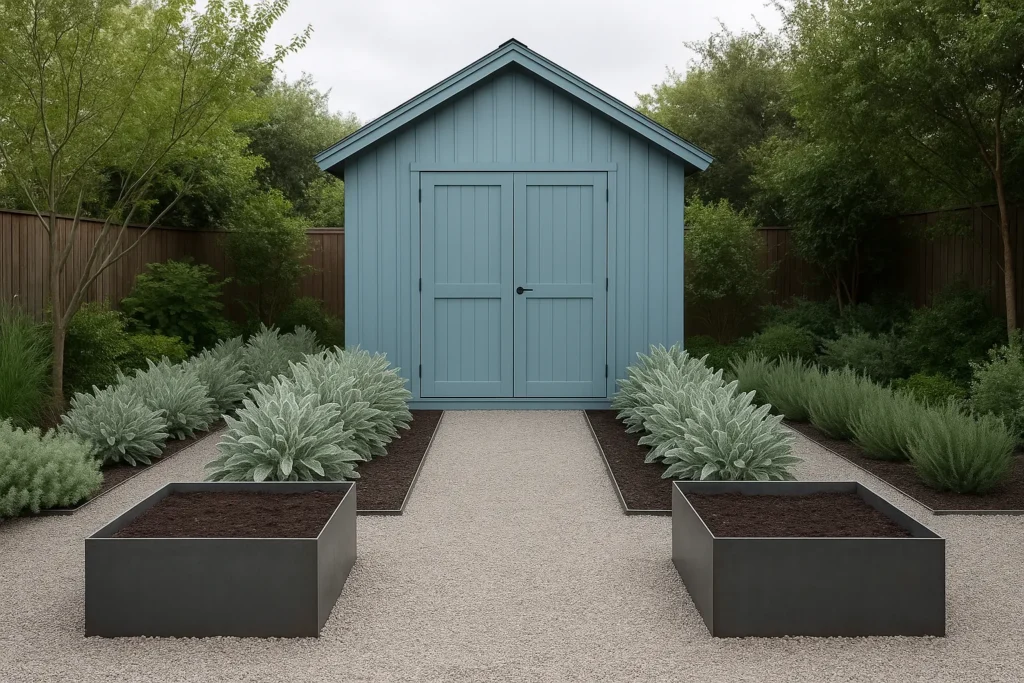 Ice blue shed with modern silver sage and steel planter landscaping.
