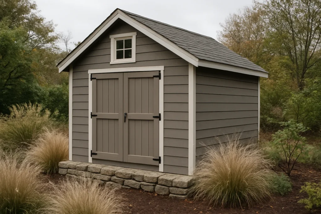 Mushroom gray shed with beige grasses and soft, neutral garden tones.