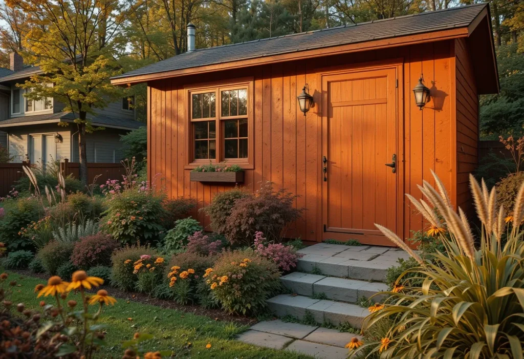 Burnt orange shed with bronze accents and warm-toned garden flowers.
