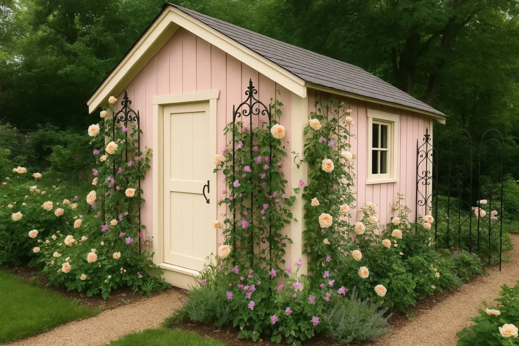 Blush pink shed with climbing roses and whimsical garden details.