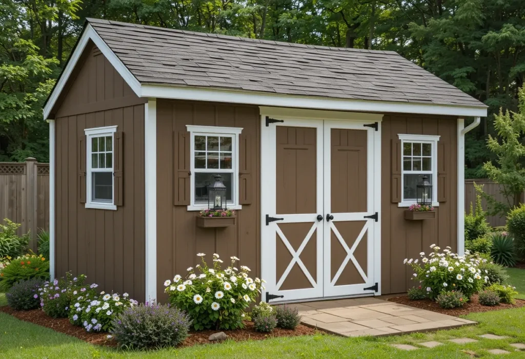 Mocha brown shed with white trim and daisies for a craftsman look.