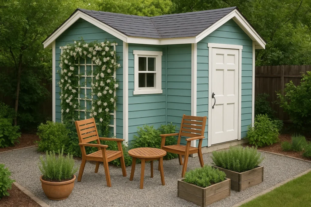 Soft teal shed with jasmine-covered trellis and herb garden charm.