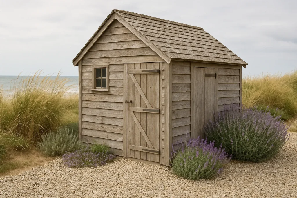 Driftwood-gray shed with dune grasses and a natural coastal look.