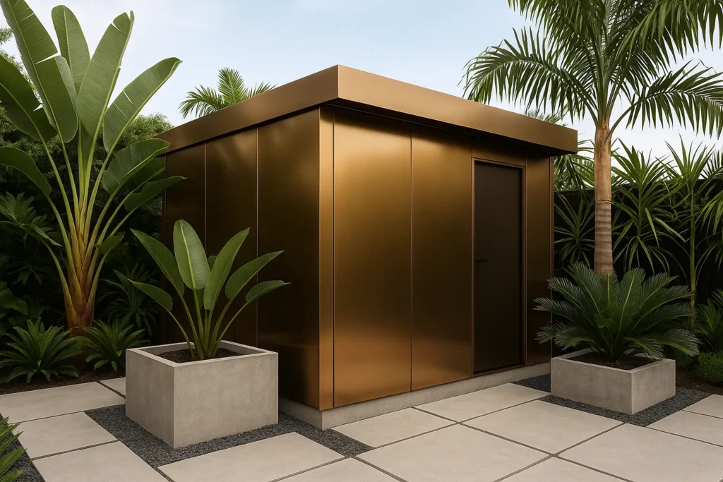 Bronze metallic shed with tropical foliage and sleek concrete accents