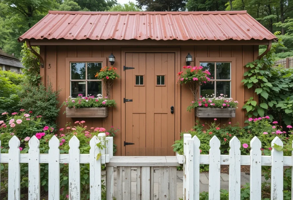 Warm clay-brown shed with red tin roof, white picket fence, and colorful cottage flowers.