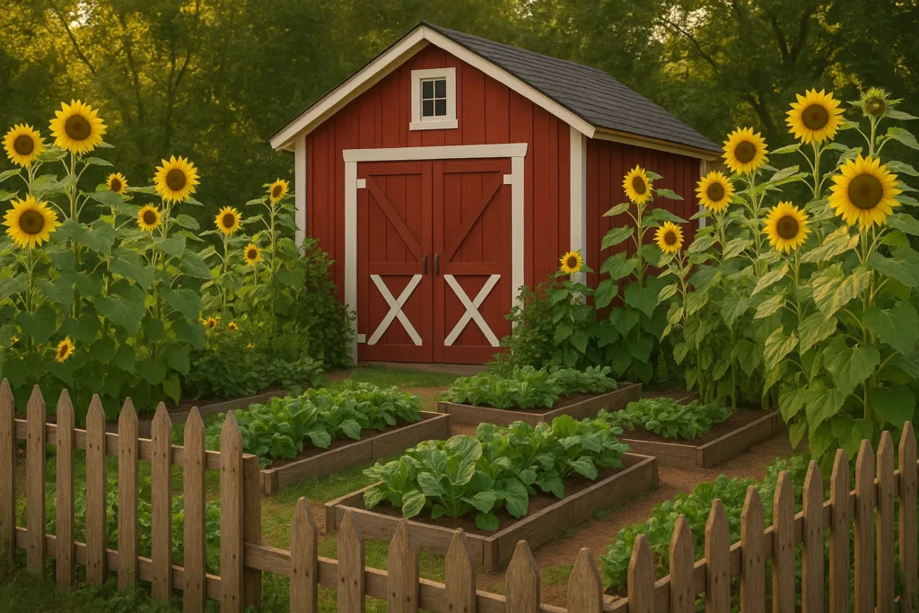 Traditional red barn-style shed with sunflowers and vegetable beds.